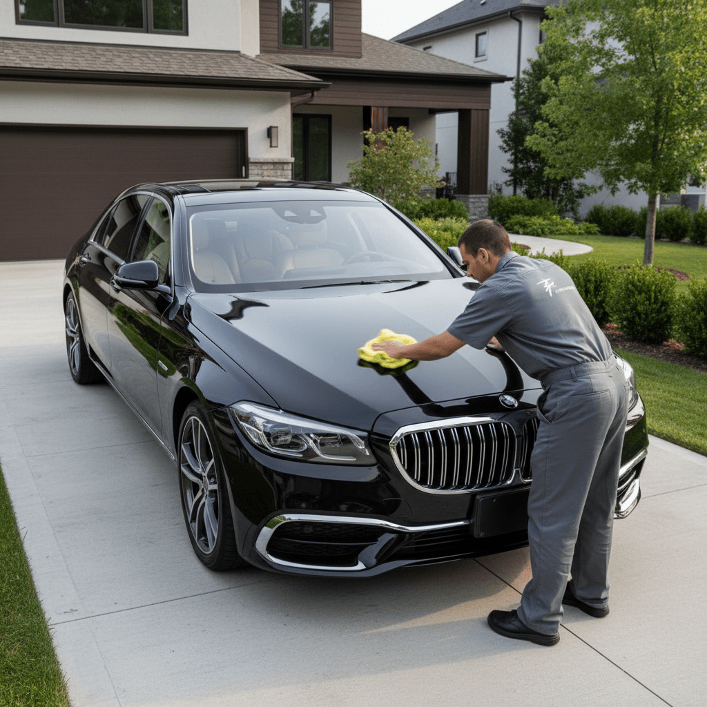 Mobile auto detailing technician polishing vehicle