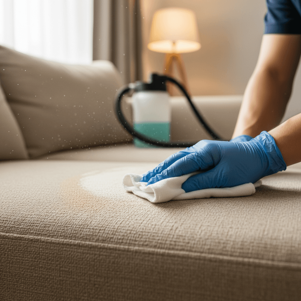 Expert hands cleaning upholstered furniture with professional technique