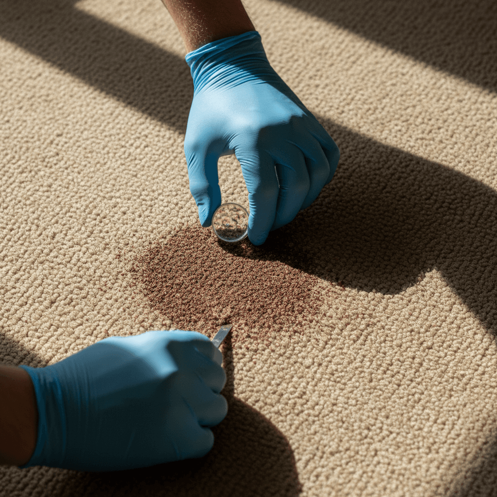 Technician examining and assessing carpet stain for targeted treatment