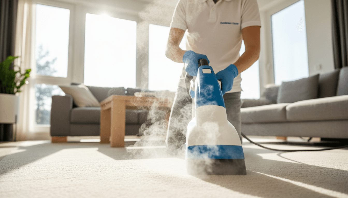 Professional carpet cleaning in progress with steam extraction equipment in a bright Sacramento home
