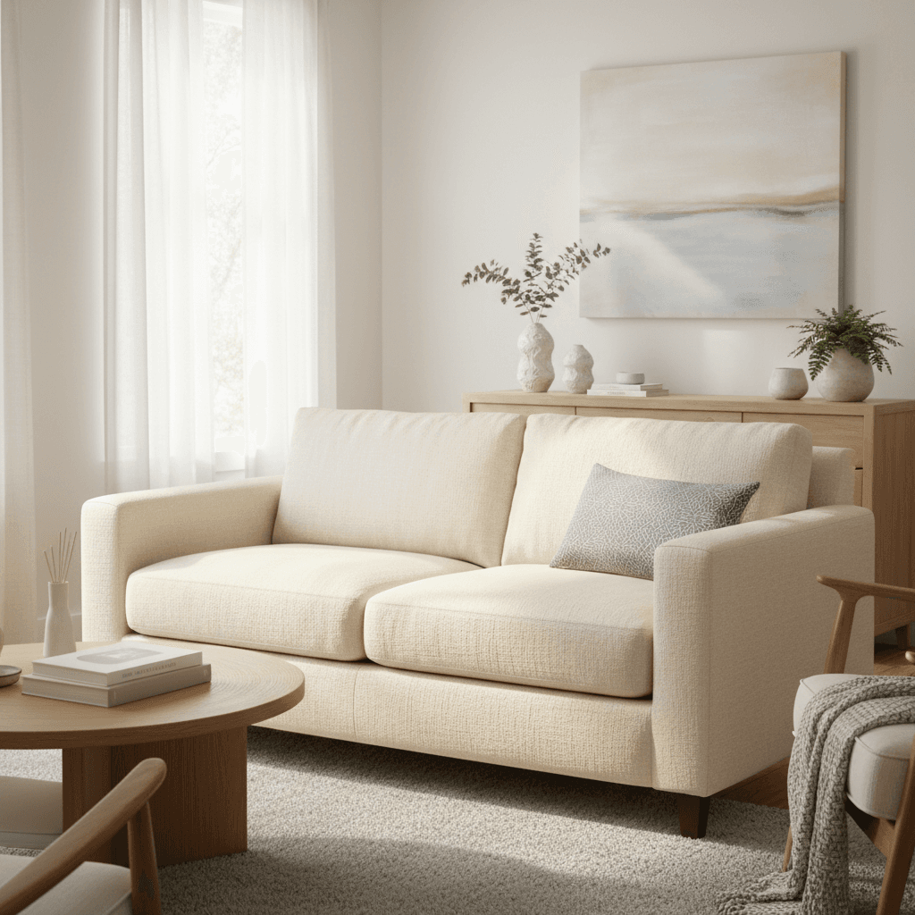 Restored upholstered couch in clean living room