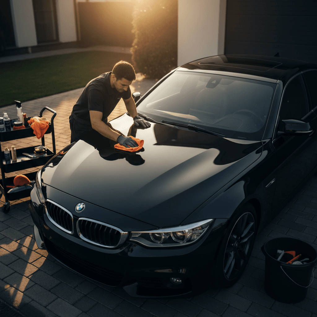 Mobile auto detailing technician polishing vehicle hood in driveway
