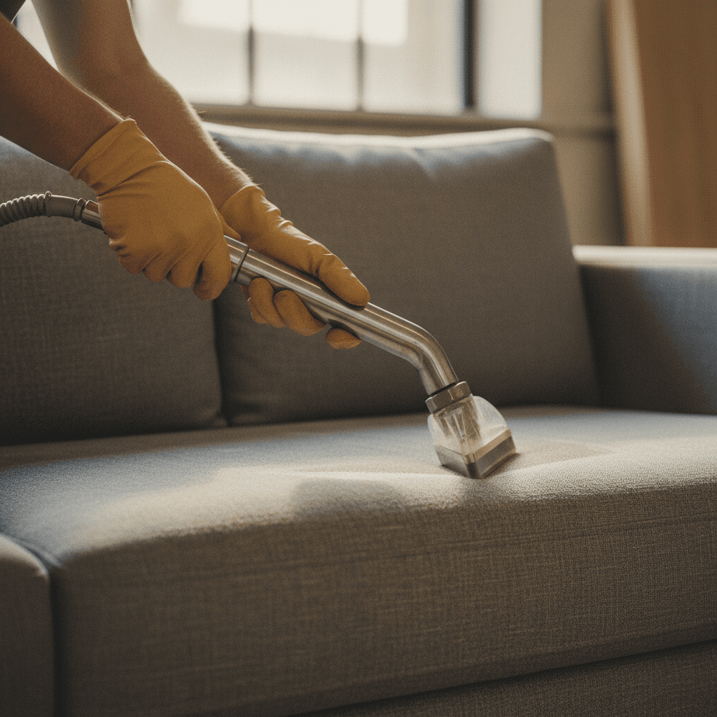 Technician cleaning upholstered sofa cushion with extraction equipment