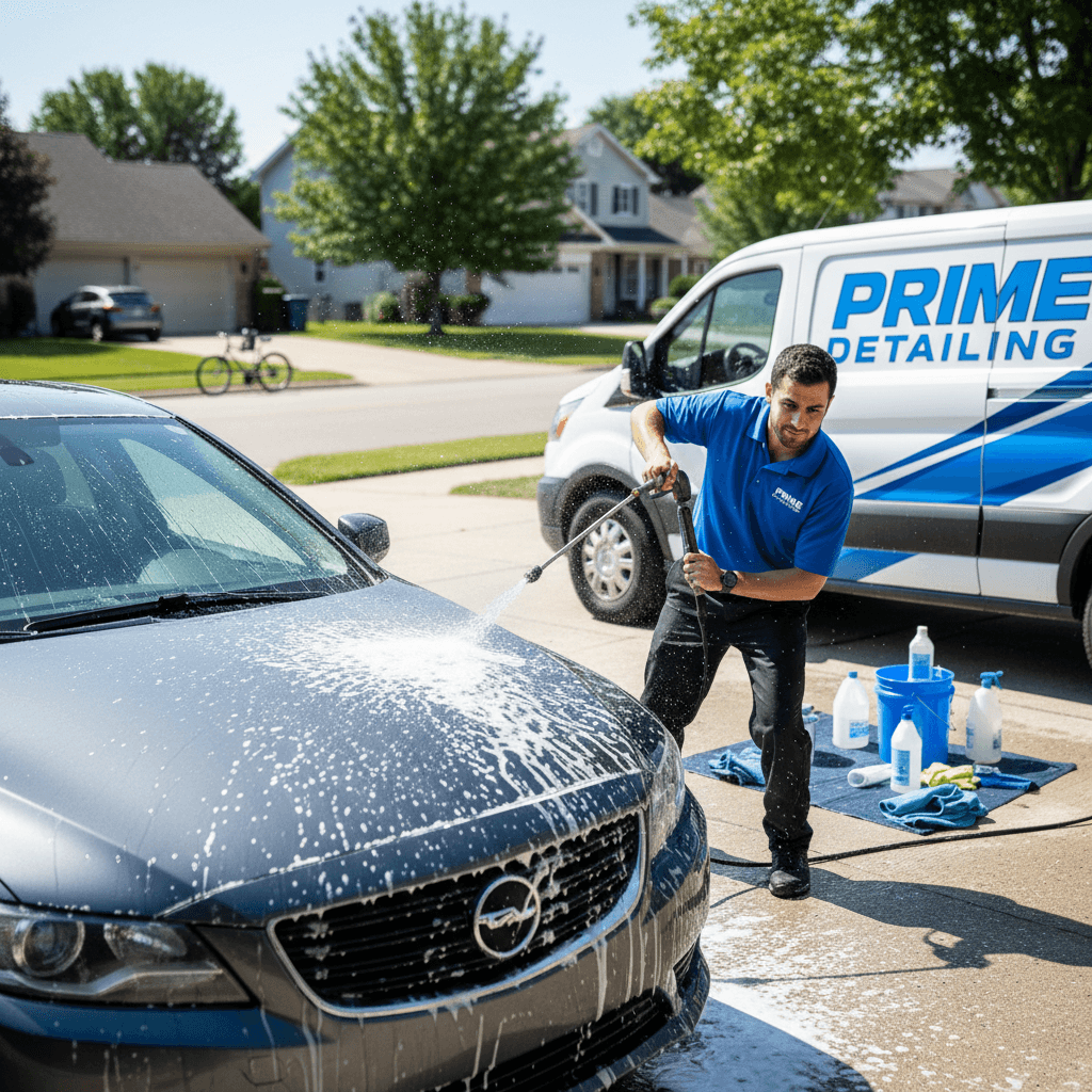 Mobile auto detailing technician cleaning vehicle at home location