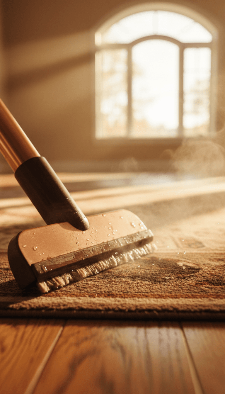 Professional carpet cleaning in progress showing steam and deep cleaning action