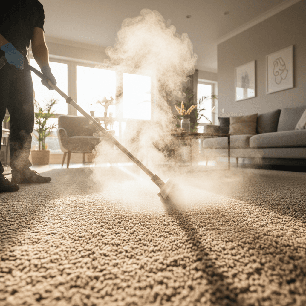 Professional carpet cleaning in progress with steam equipment