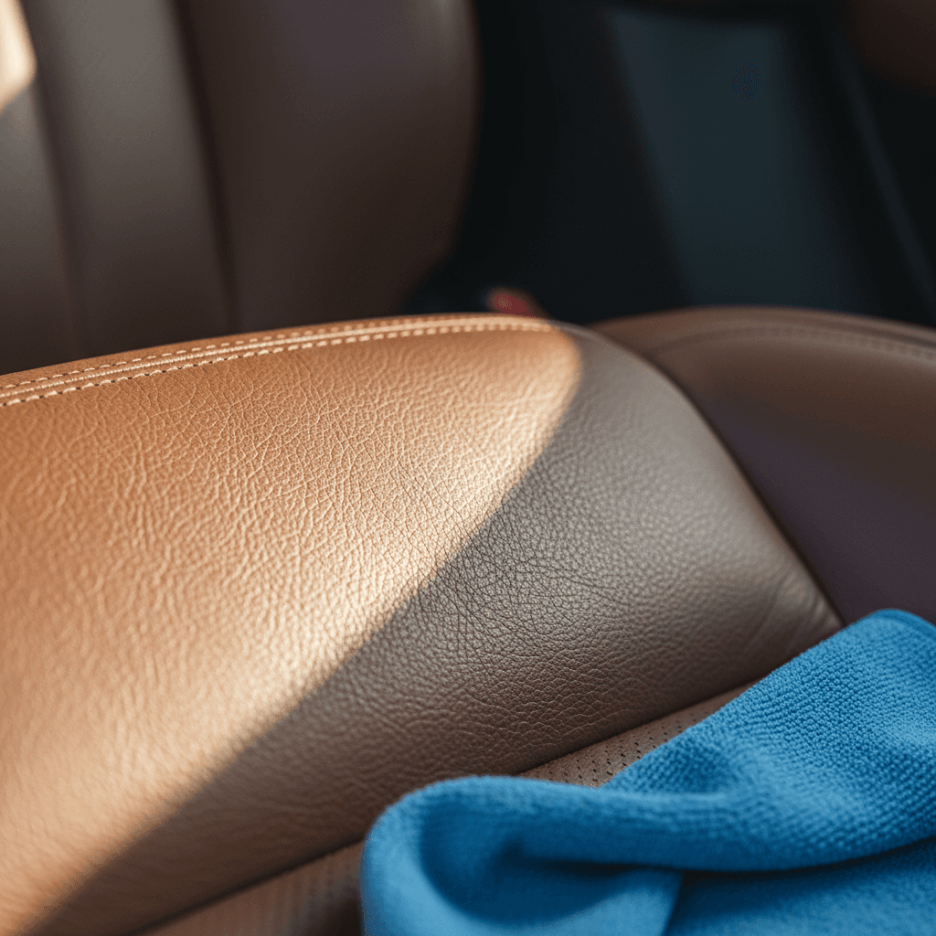 Auto interior detailing showing cleaned leather seat