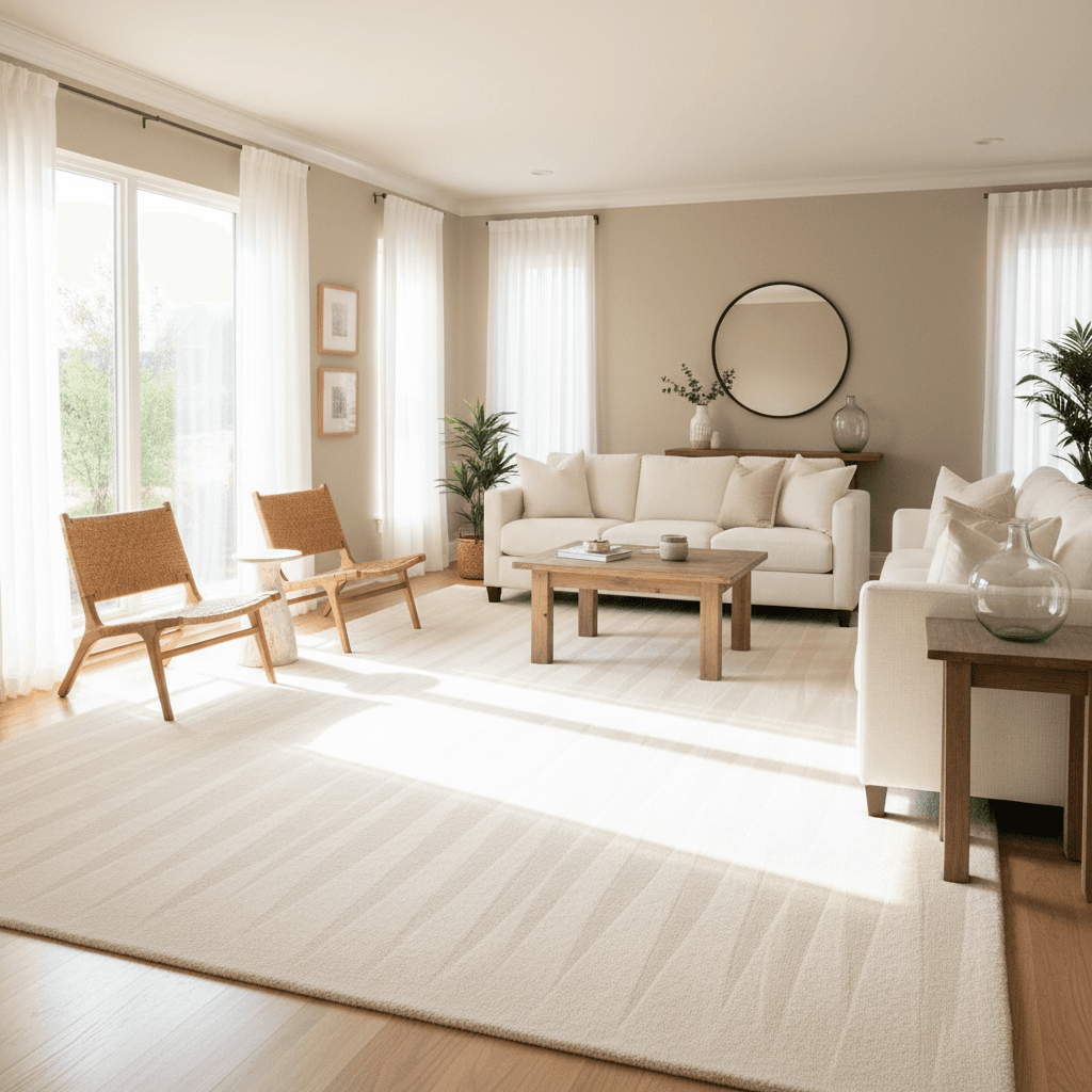 Bright residential room with freshly cleaned carpet drying in natural light
