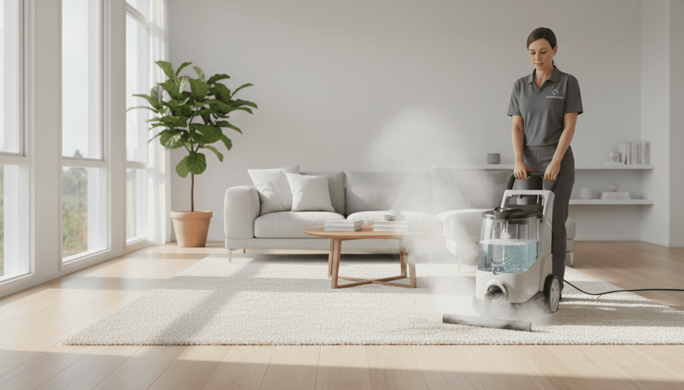Professional carpet cleaning technician using steam equipment in a Sacramento home