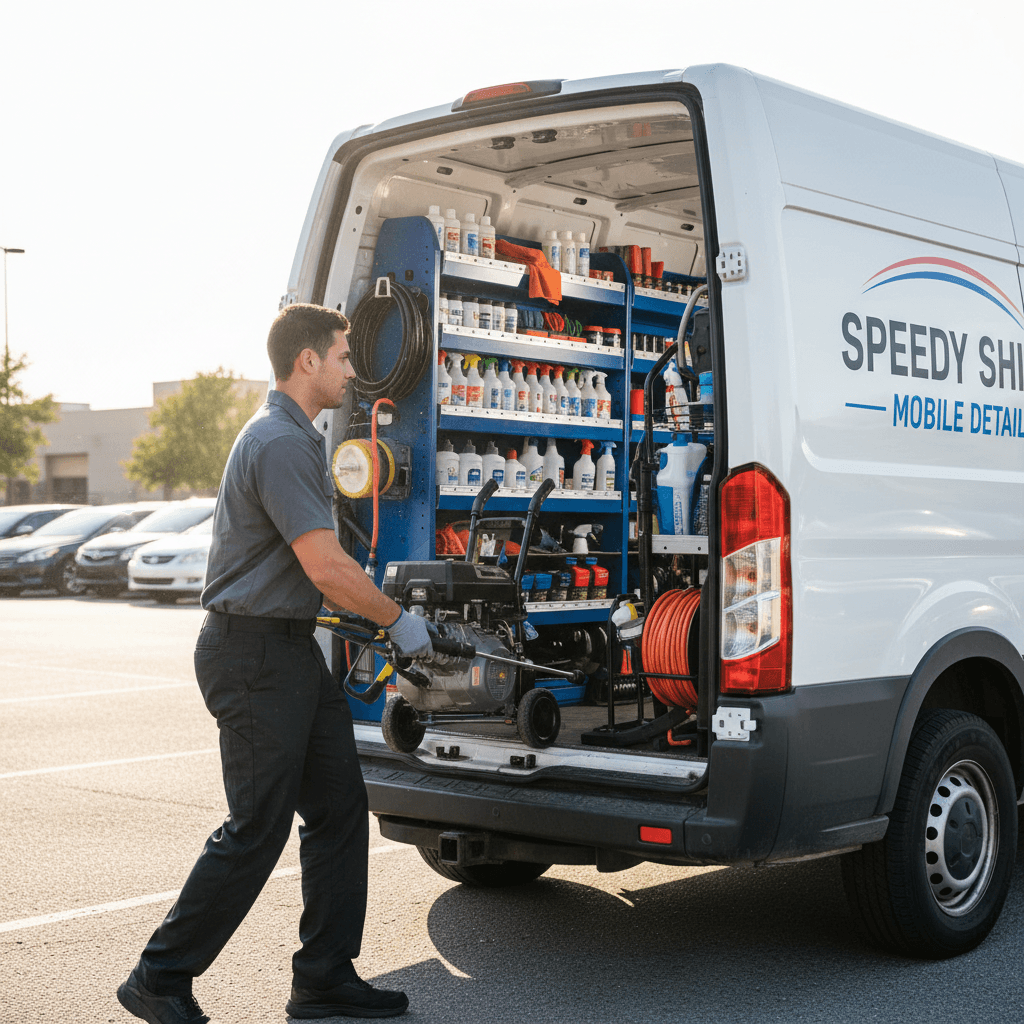 Service vehicle fully equipped and ready for same-day professional cleaning