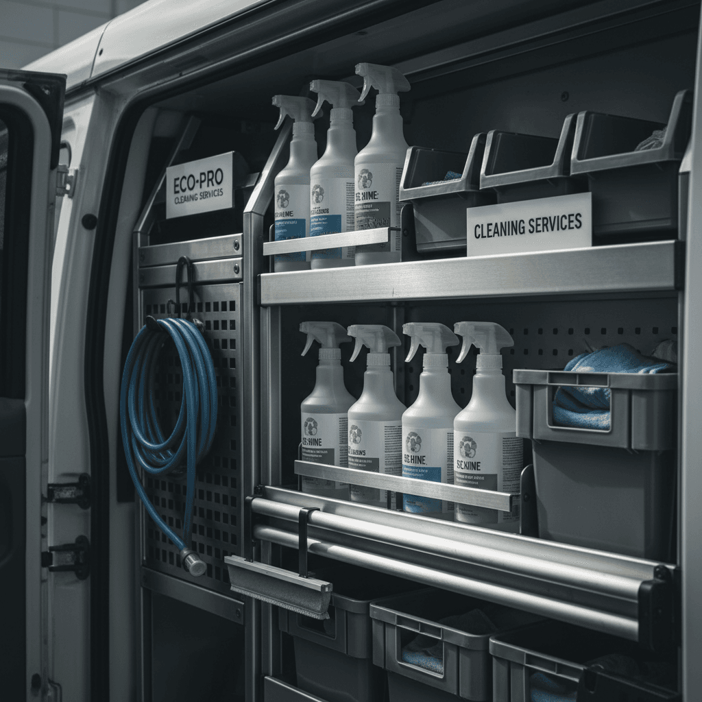Eco-friendly window cleaning solution bottles organized in professional service vehicle storage system
